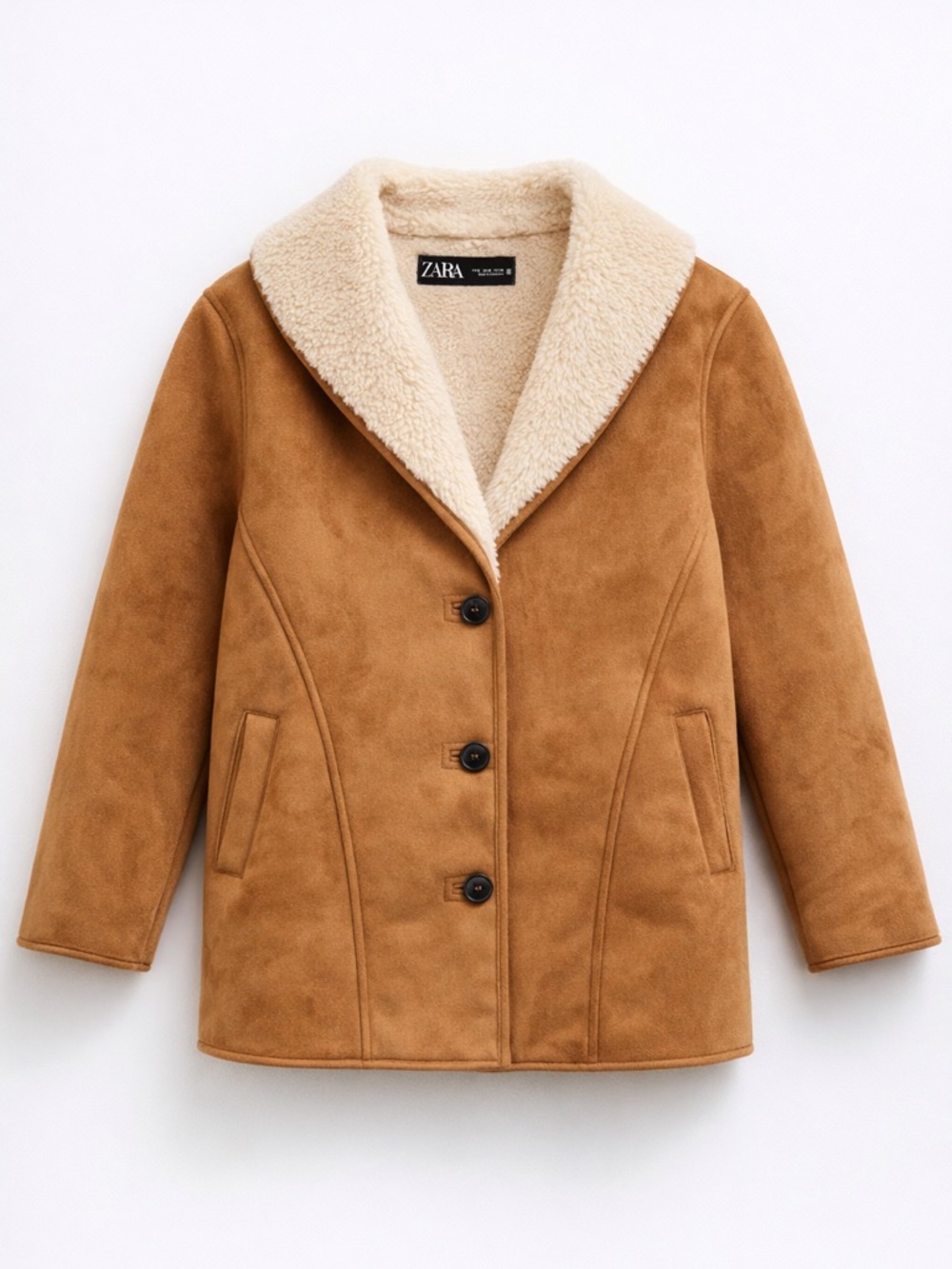 Zara Camel Suede Coat with Cream Shearling Collar